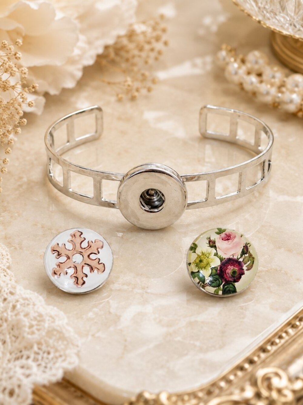 Silver Cutout Snap Cuff Bracelet Interchangeable Floral & Snowflake Snaps